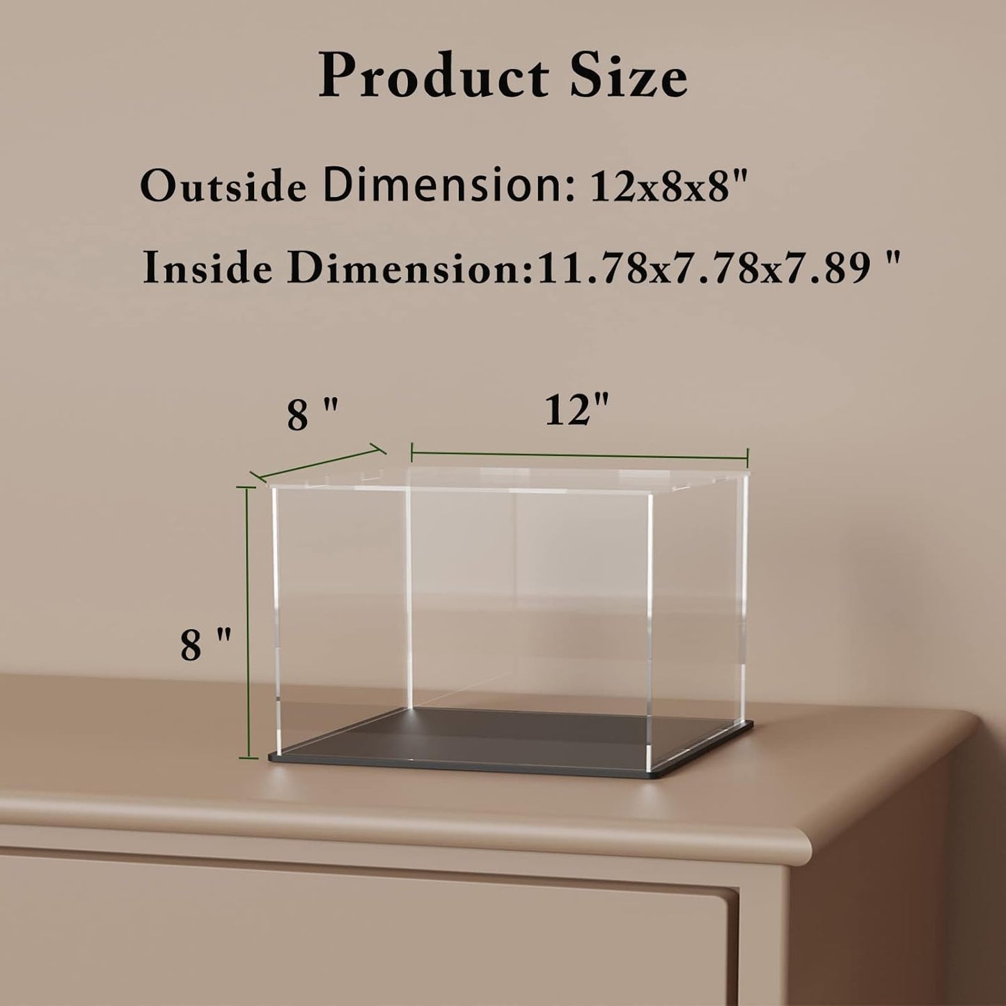 Clear Acrylic Display Case with Matt Black Base and Lid, Dust-Proof Acrylic Showcase, Cube Counter-Tops Box for Large Collectibles (12x8x8 inch)