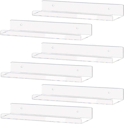 Clear Acrylic Shelf 15" Invisible Floating Wall Ledge Bookshelf, Kids Book Display Shelves Wall Mounted (15 Inch 6Pack)