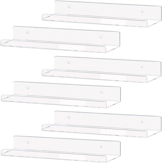 Clear Acrylic Shelf 15" Invisible Floating Wall Ledge Bookshelf, Kids Book Display Shelves Wall Mounted (15 Inch 6Pack)