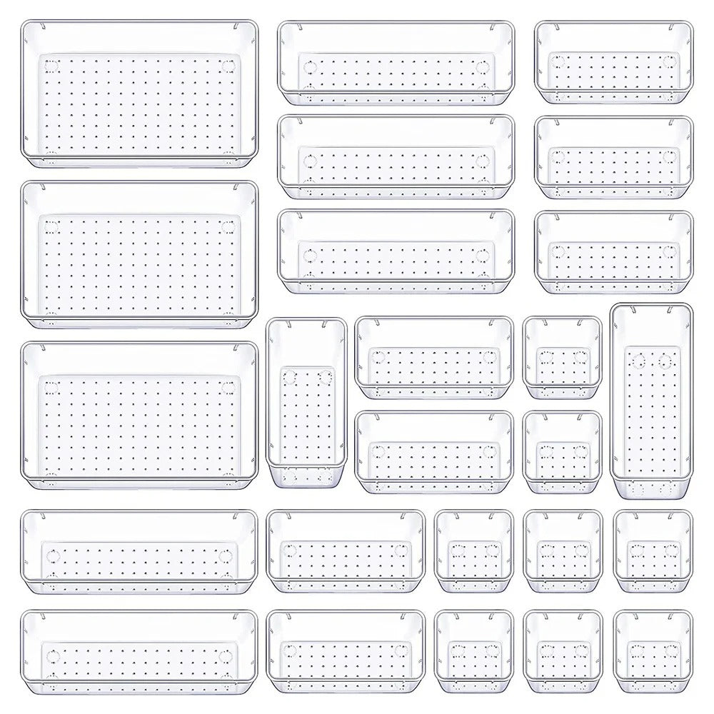 Clear Plastic Drawer Organizers Set, 4-Size Makeup Organizer Drawers,Storage Organizer Divider Trays for Gadgets, Bathroom, Kitchen and Office