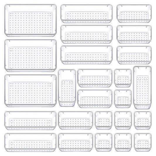 Clear Plastic Drawer Organizers Set, 4-Size Makeup Organizer Drawers,Storage Organizer Divider Trays for Gadgets, Bathroom, Kitchen and Office