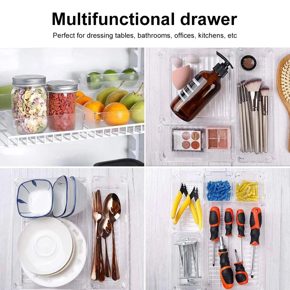 Clear Plastic Drawer Organizers Set, 4-Size Makeup Organizer Drawers,Storage Organizer Divider Trays for Gadgets, Bathroom, Kitchen and Office